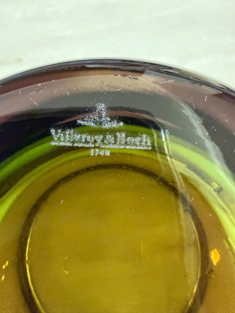 Vintage Villeroy & Boch Jewels Art Glass Bowl With Frosted Band  deep olive gree